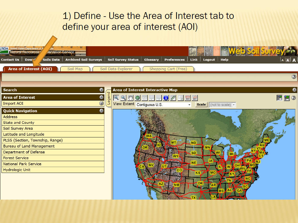 Screenshot of Natural Resources Conservation Service's Web Soil Survey website showing a map of the United States. Users can click on an area of interest.