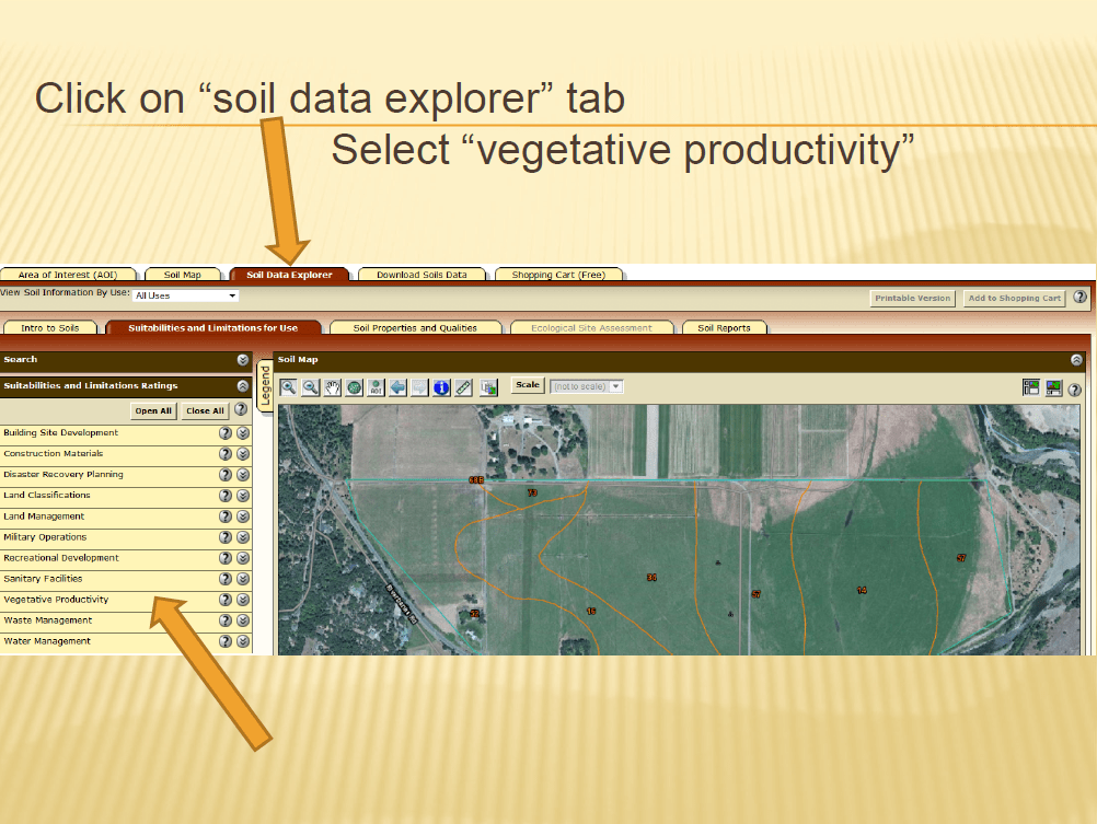 Screenshot of Natural Resources Conservation Service's Web Soil Survey website showing a user's area of interest and describing how to click on "soil data explorer" and "vegetative productivity" tabs.
