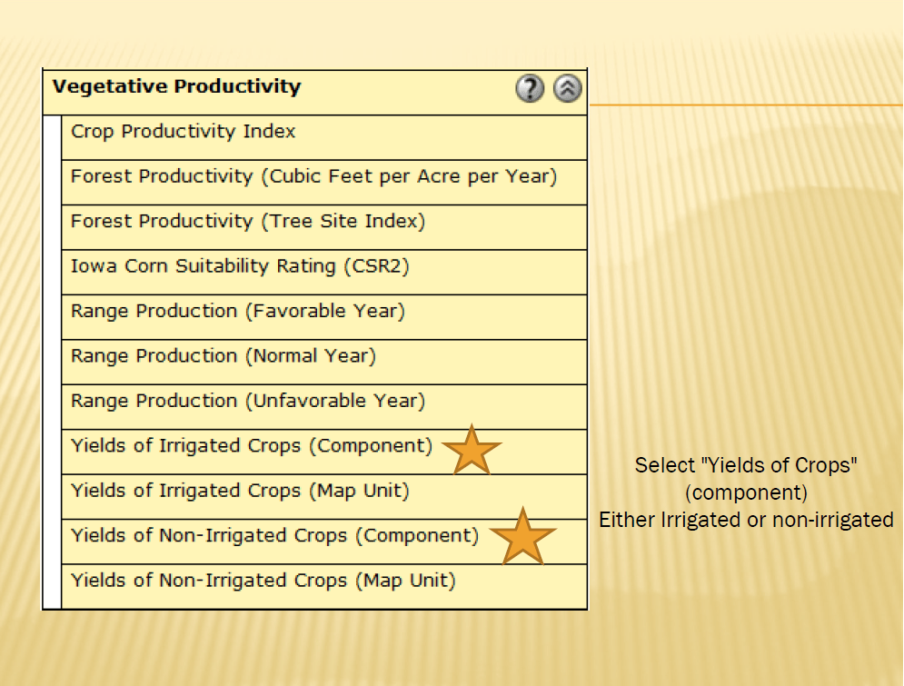 Screenshot of Natural Resources Conservation Service's Web Soil Survey website showing the "vegetative productivity" menu.