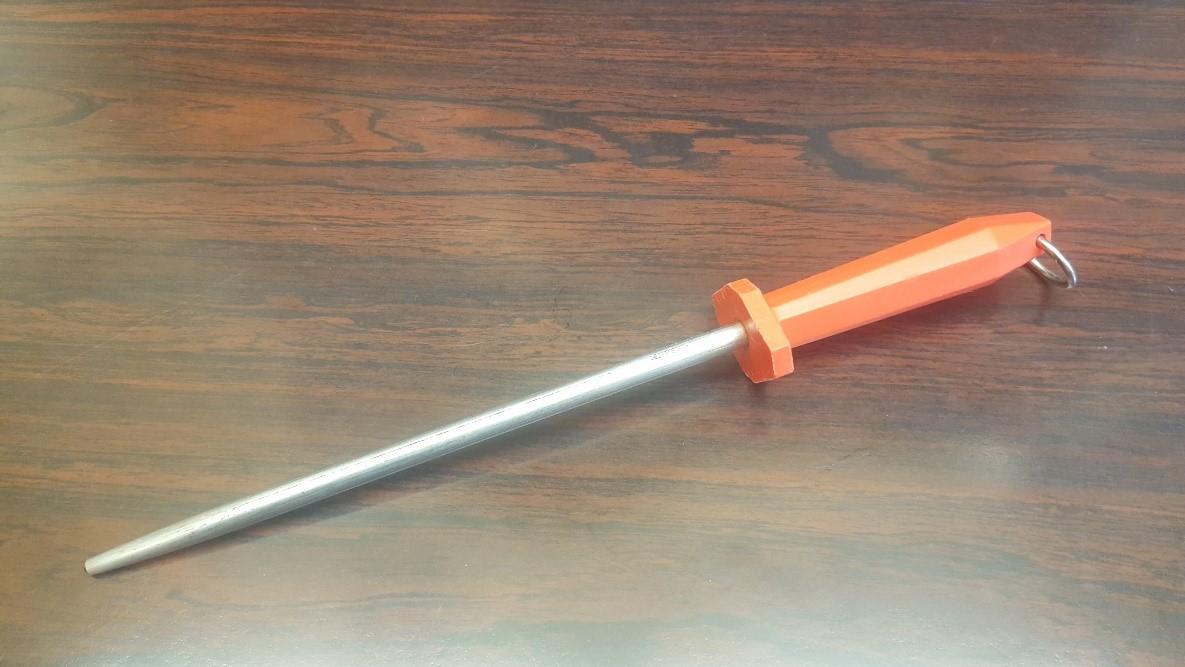 A sharpening steel resembles a large screwdriver with a tapered end.