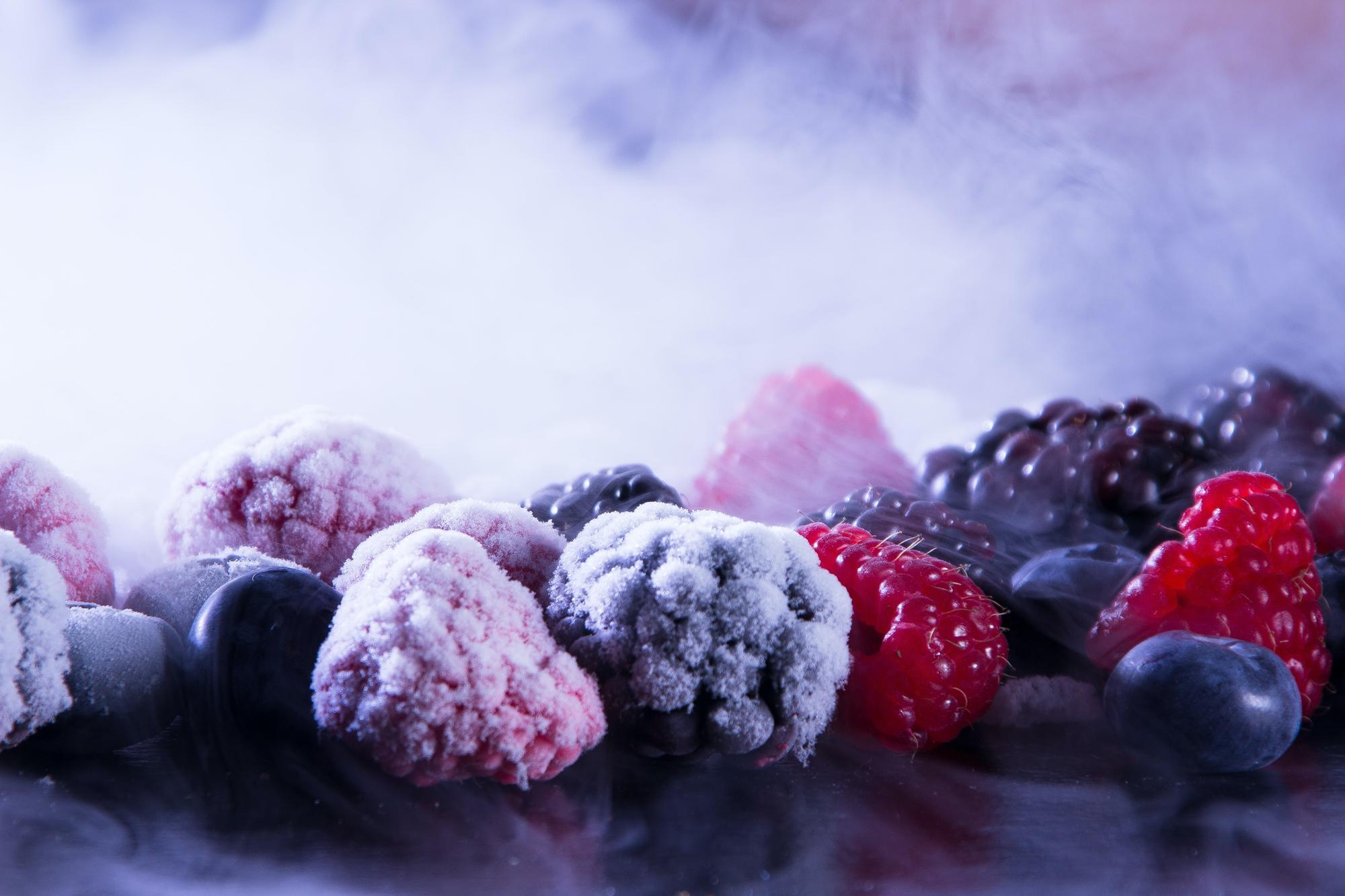 Frozen berries including raspberries, blackberries and blueberries.