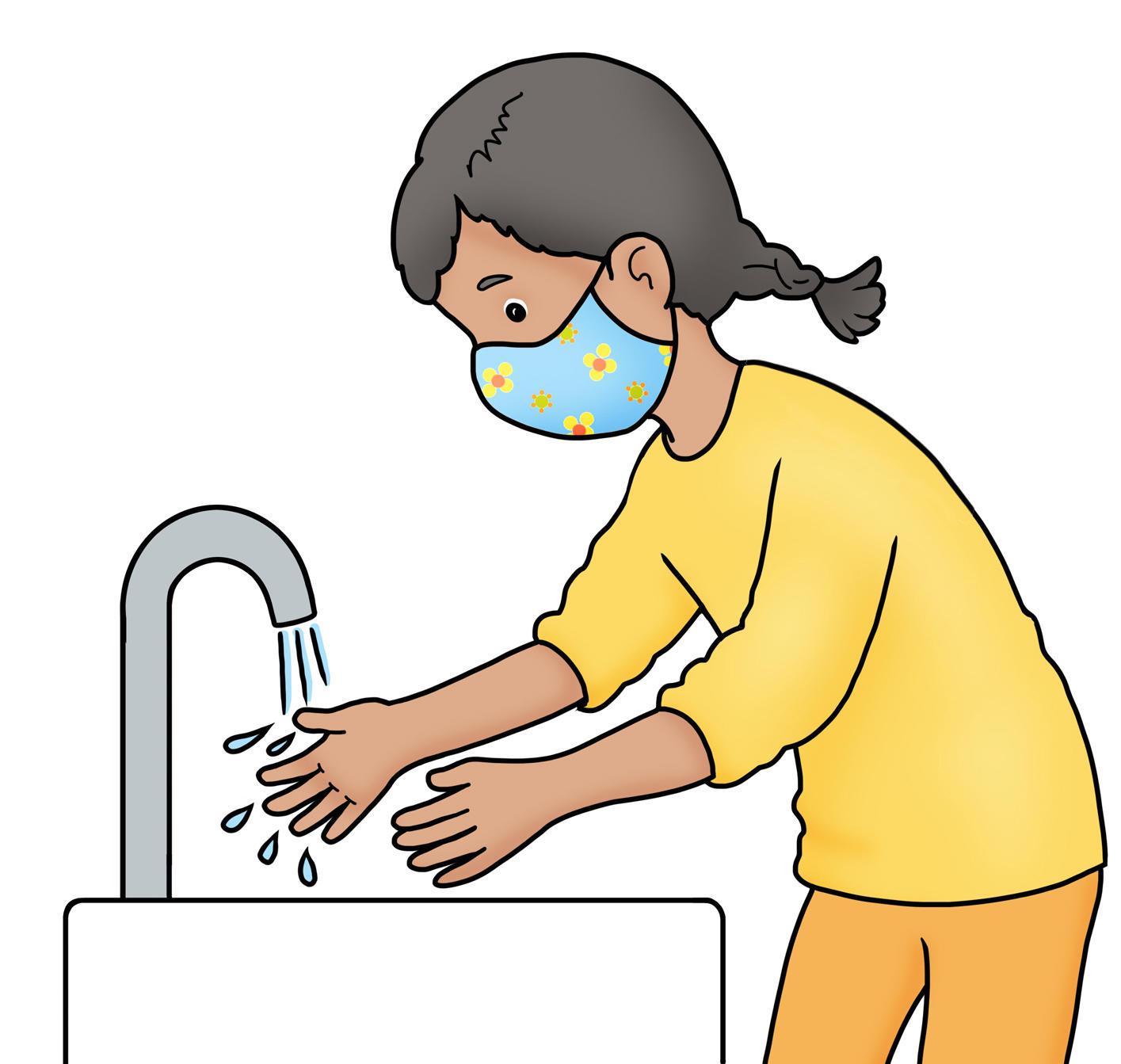 cartoon image of girl washing her hands with mask on