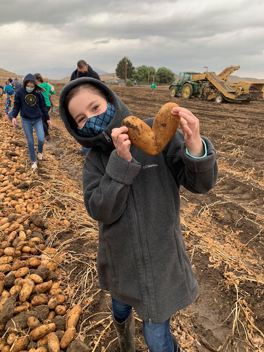 A youth participant in the Klamath County Farm to School and School Garden program finds a potato shaped like a heart at