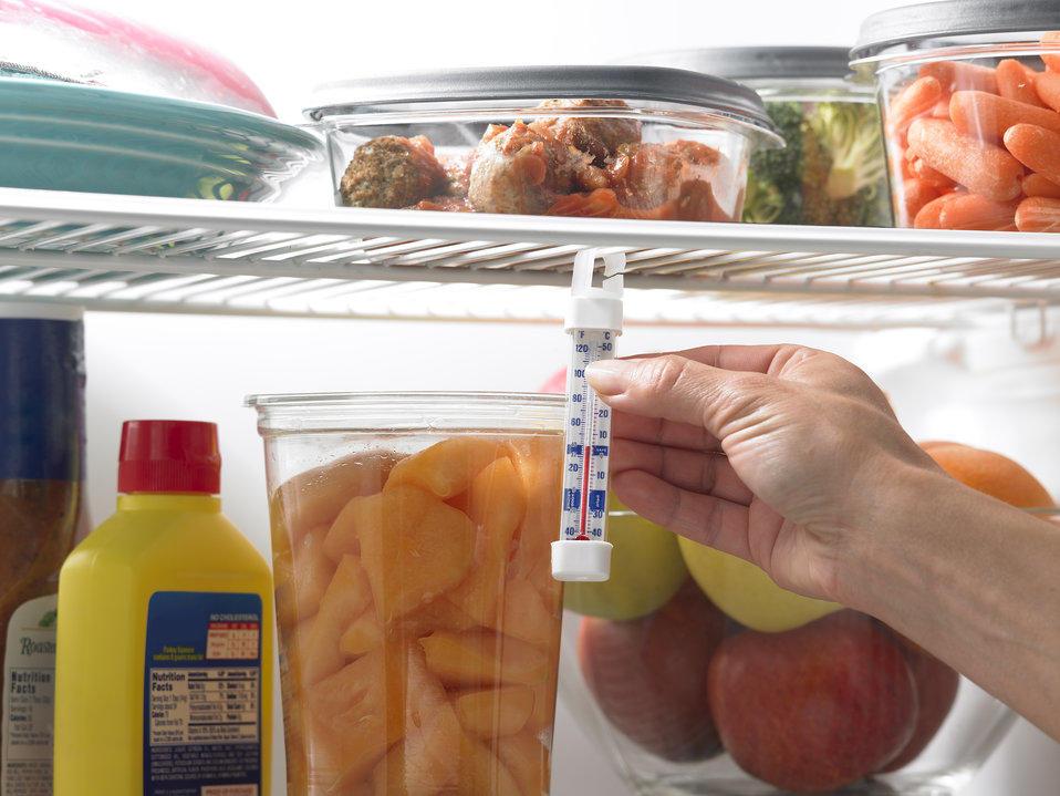 A view of the interior of a refrigerator shows shelves with food and a thermometer hanging from a shelf. A person's hand is shown touching the thermometer.