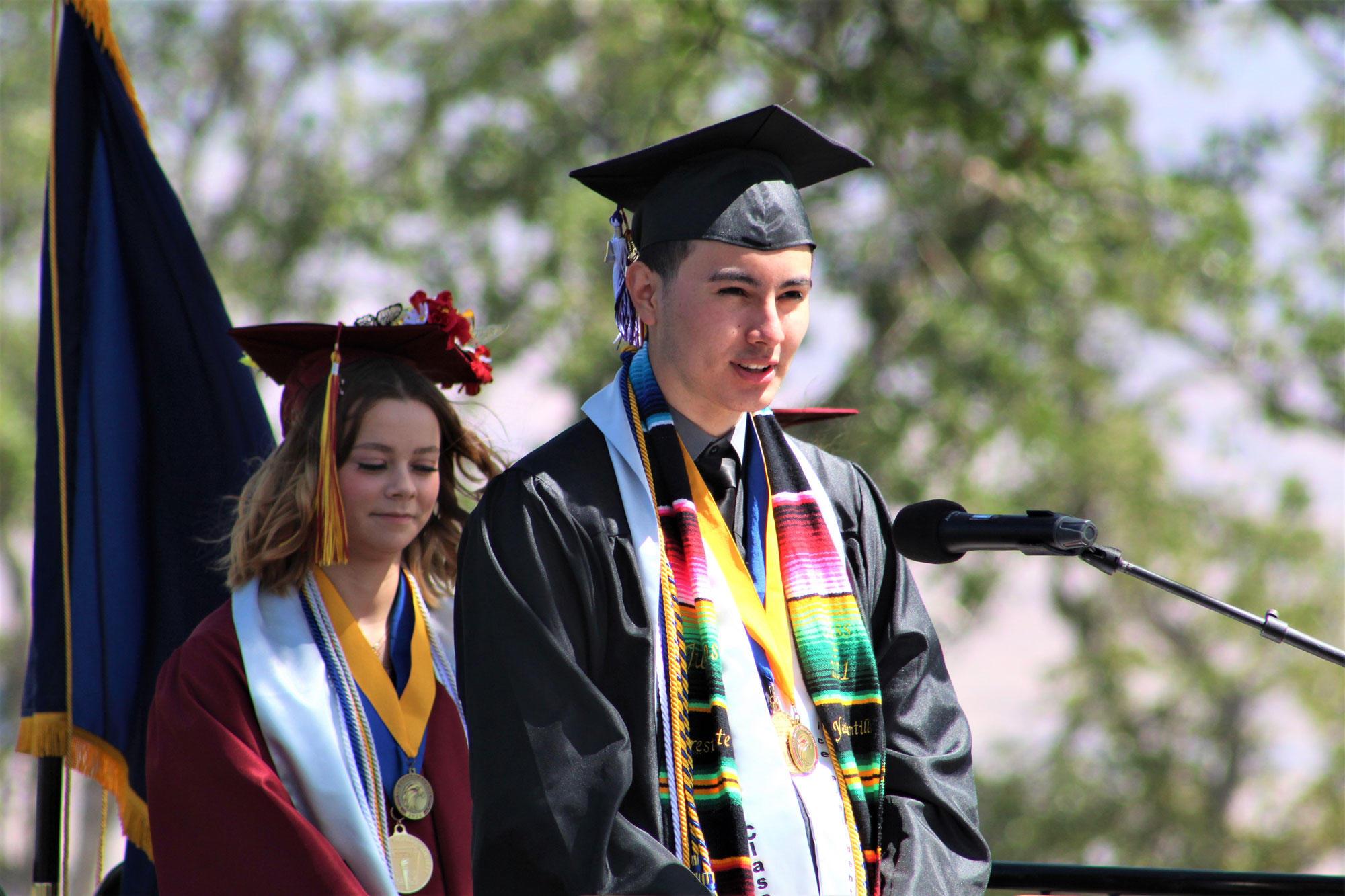 Yahir Santillan-Guzman delivers his valedictory speech at The Dalles High School graduation in June.