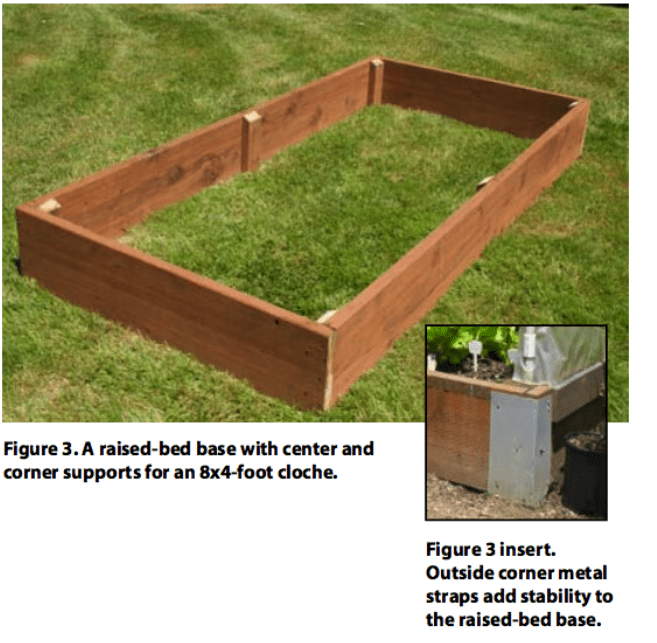 a raised bed with center and corner supports for a cloche