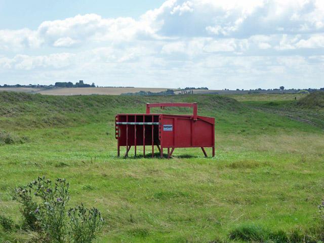 An adjustable calf creep feeder sits in a field. The feeder is a larger metal box with openings and bars that can be adj