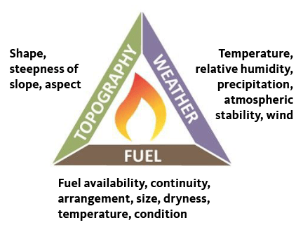 Fire triangle with descriptions of topography, fuel and weather.