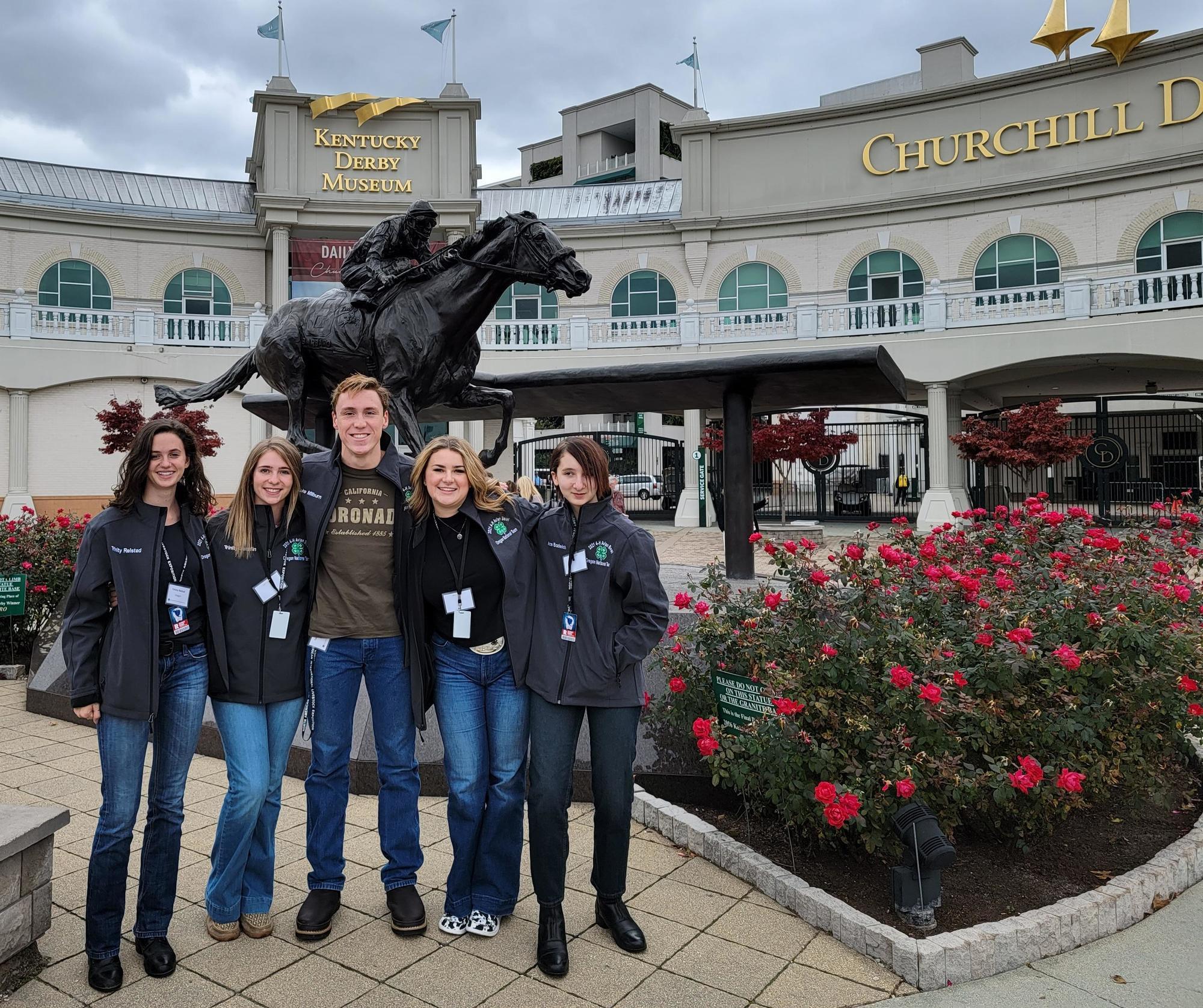 The OSU Extension 4-H avian bowl team poses in front of the Kentucky Derby Museum at Churchill Downs in Louisville, Ky.