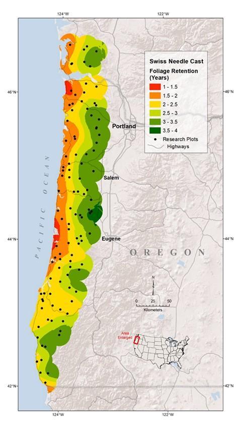 Map of western Oregon displays the foliage retention of Douglas-fir trees within 35 miles of the coast. Retention is lowest along the coast and improves the farther trees are from the coast.