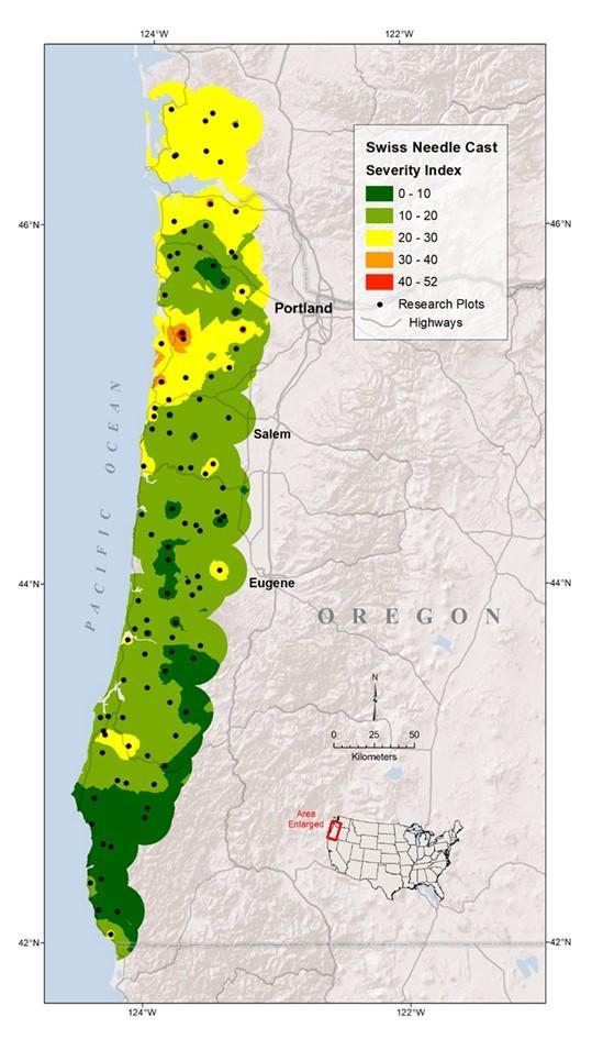 Map of western Oregon displays the severity of Swiss needle cast on Douglas-fir trees within 35 miles of the coast. The most severely affected area is in the north coast area.