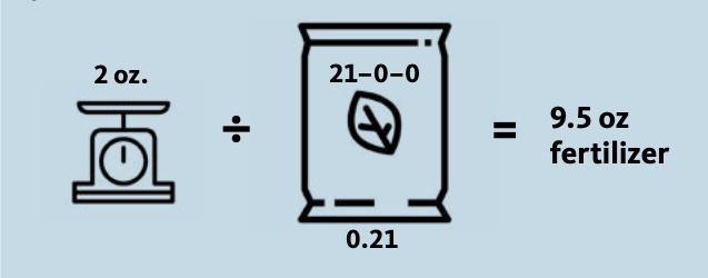 2oz (amount of N needed) divided by 0.21 (% N in fertilizer) = 9.5oz fertilizer needed