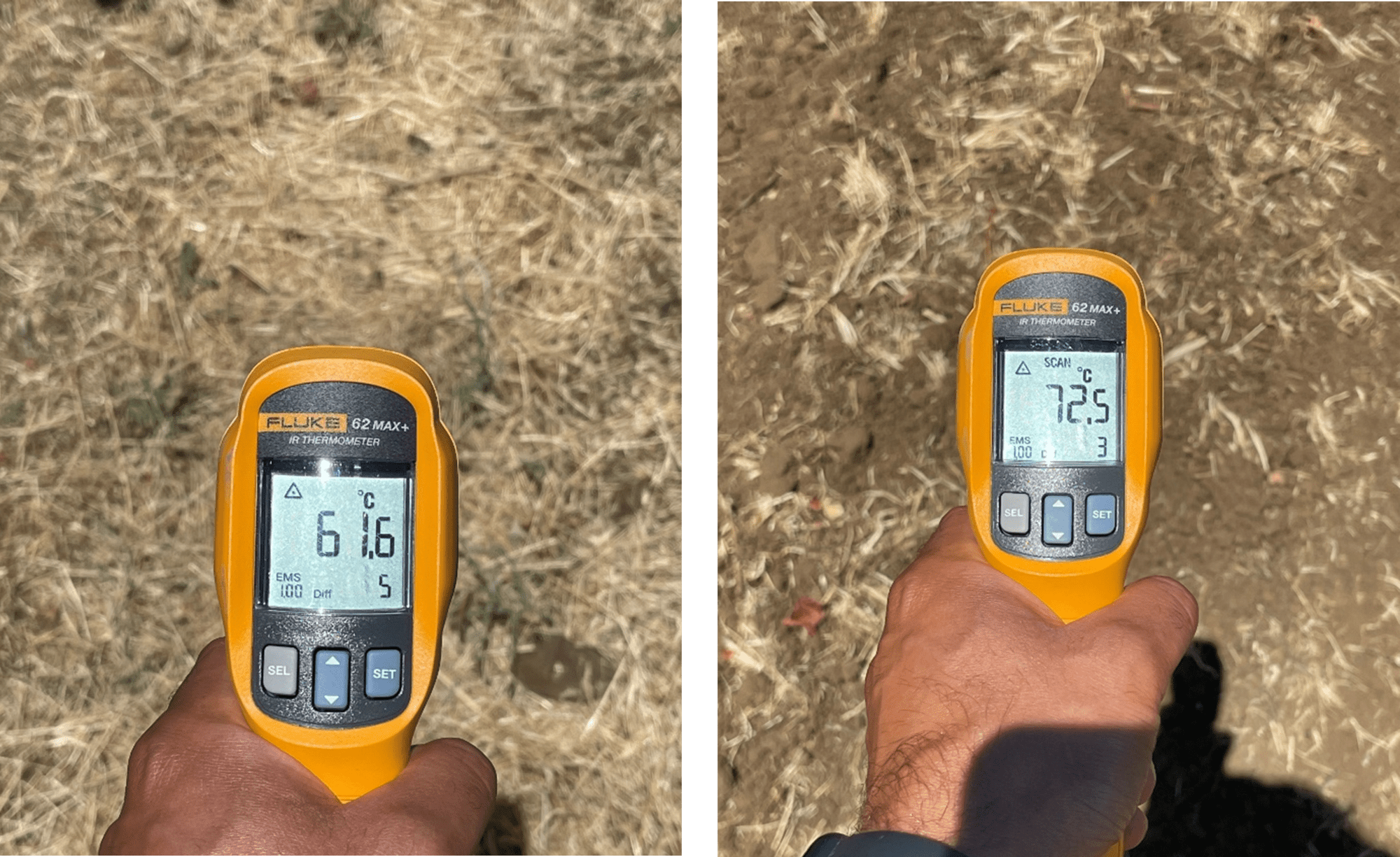 An infrared thermometer showing the surface temperature of an untilled and tilled vineyard floor.