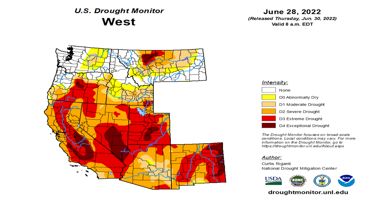 A map shows drought conditions in the West with the most severe conditions in California, Nevada, Utah and New Mexico.