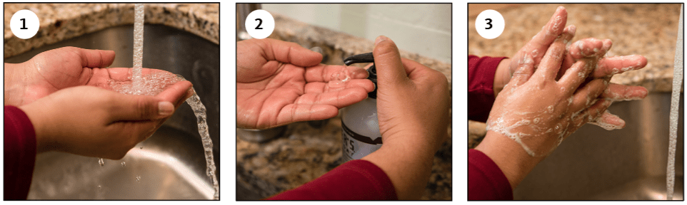 wetting hands, applying soap and scrubbing
