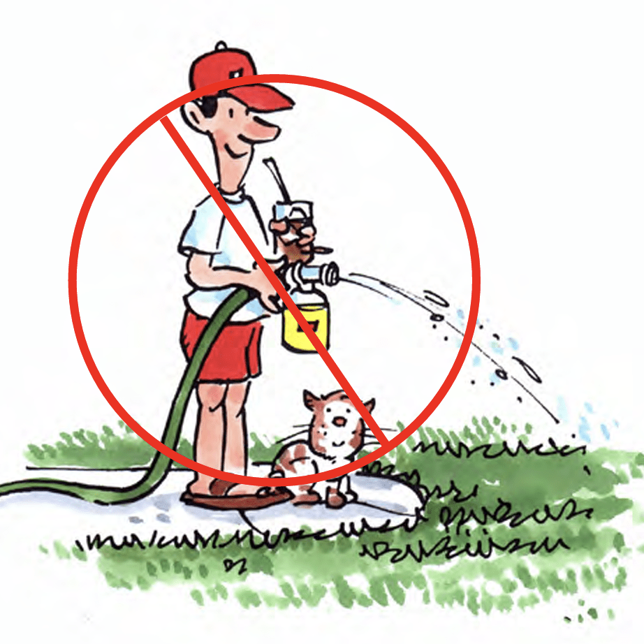 man spraying pesticide on grass with pet next to him