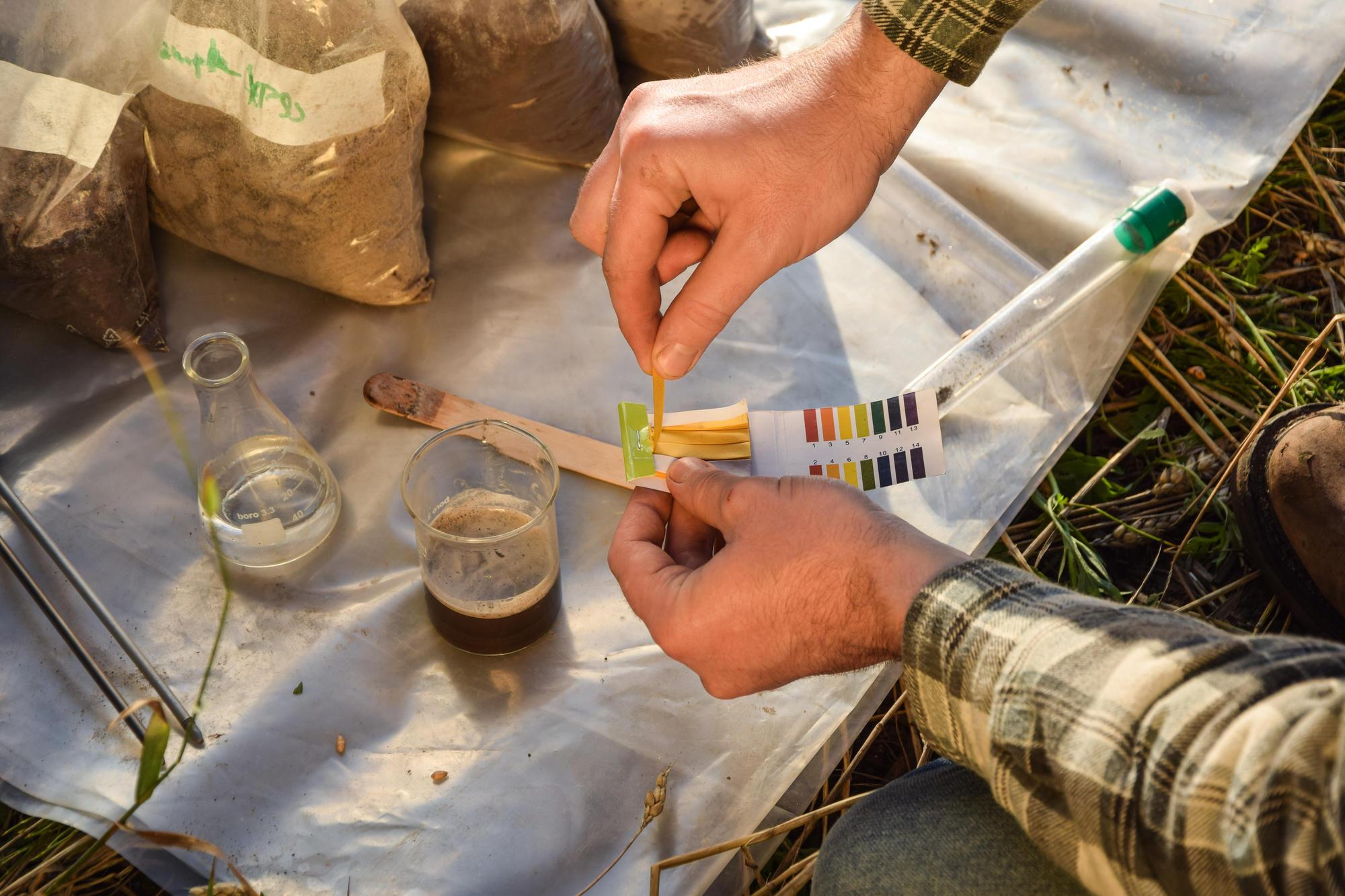 A gardener testing a sample of their soil with pH test strips and comparing the results to the included guide.