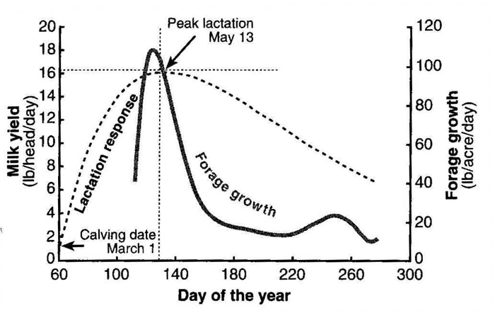 For cows calving on March 1, increase in nutrient demand occurs before pasture growth.  Adapted from Missouri Grazing Manual, 1999.