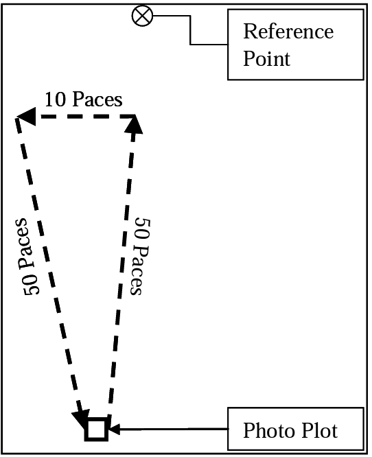 Example of a Pace 180° transect. Begin at 3- X 3-foot photo plot. Take 50 recording paces toward permanent reference point.  Turn perpendicular to the transect and take 10 non-recording paces. Take 50 recording paces back to the photo plot. 