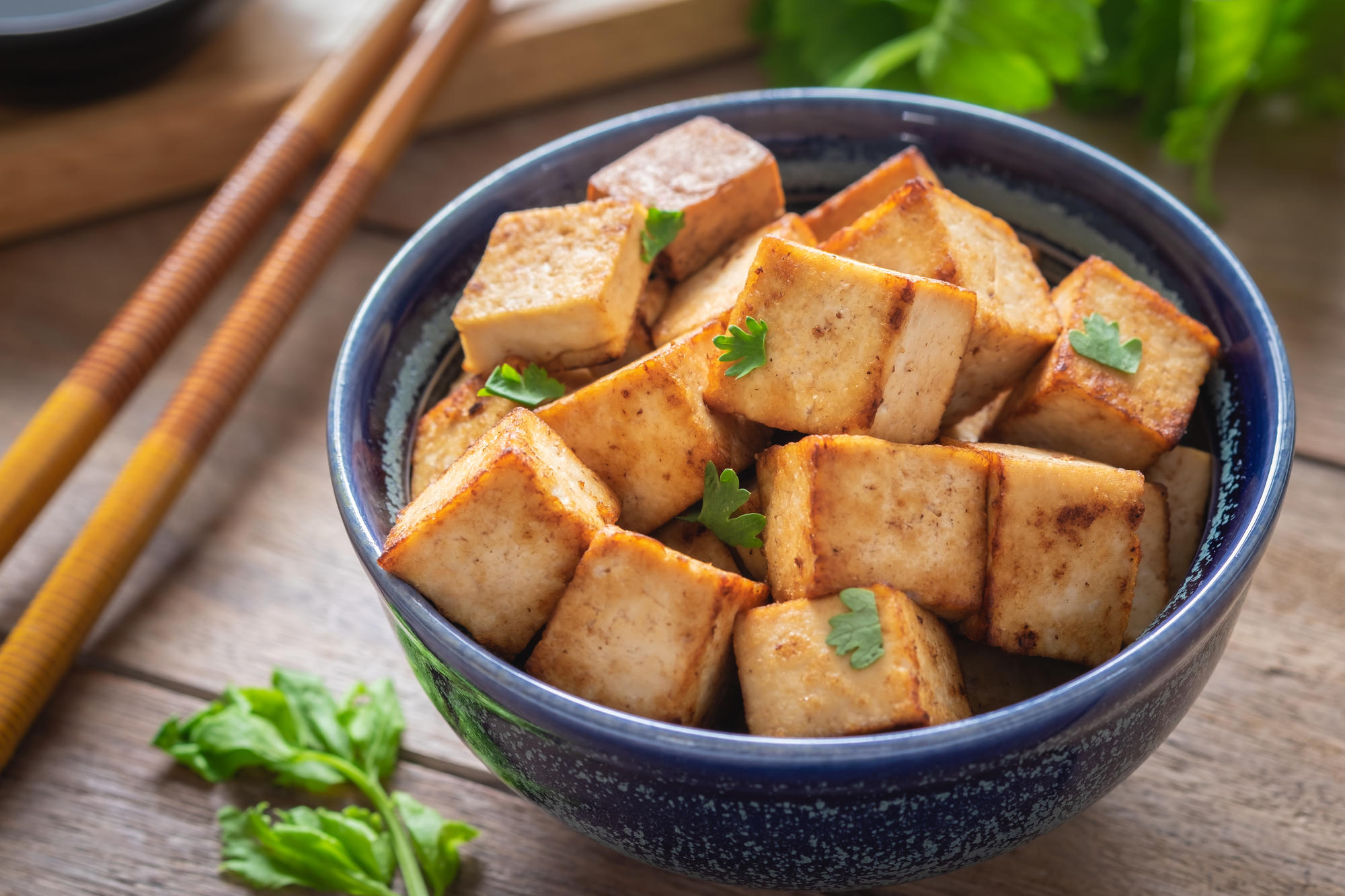 A bowl of fried tofu