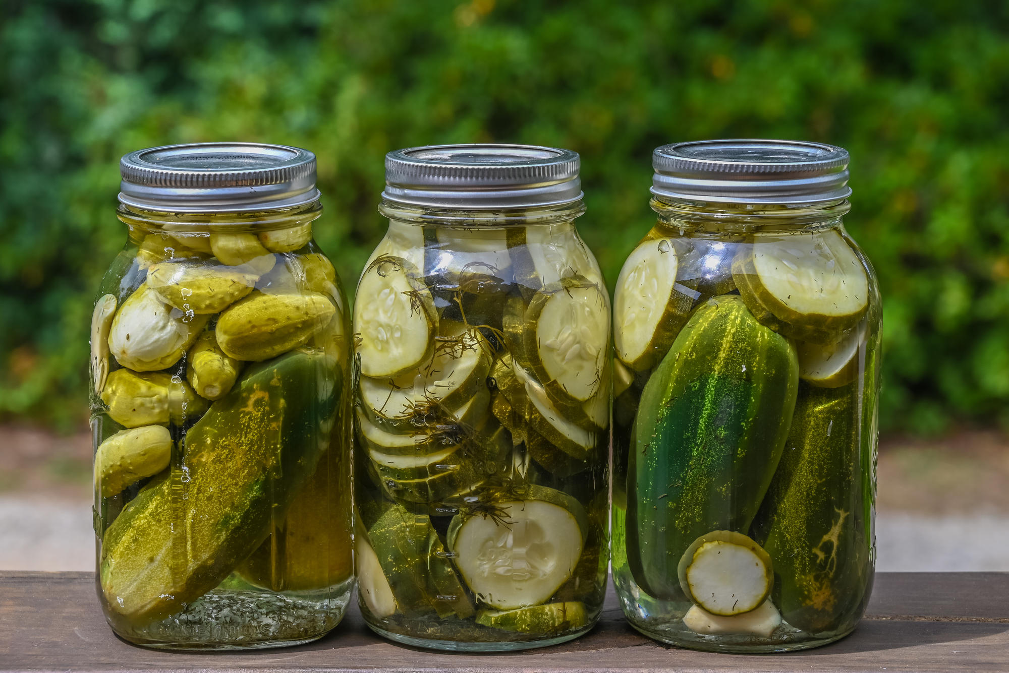 Three jars of home made dill pickles.