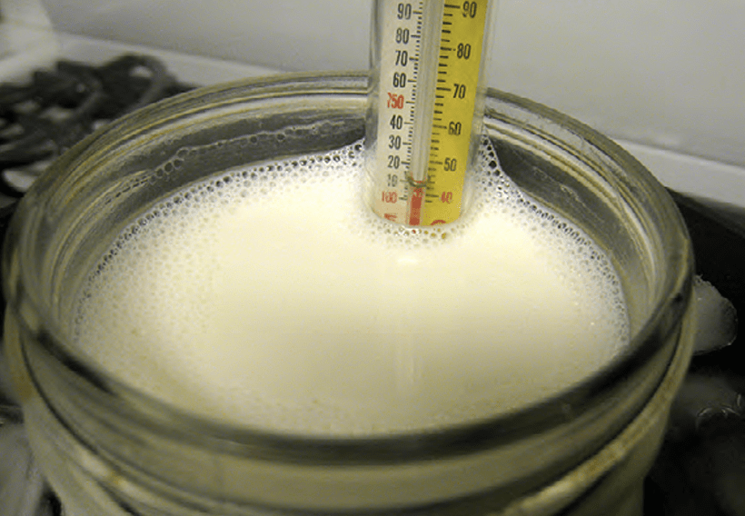 Heat the milk to 110°F. Inoculate the milk with approximately ½ cup plain commercial yogurt or your own yogurt starter. Pour into clean, sanitary glass jars or plastic cottage cheese cartons.