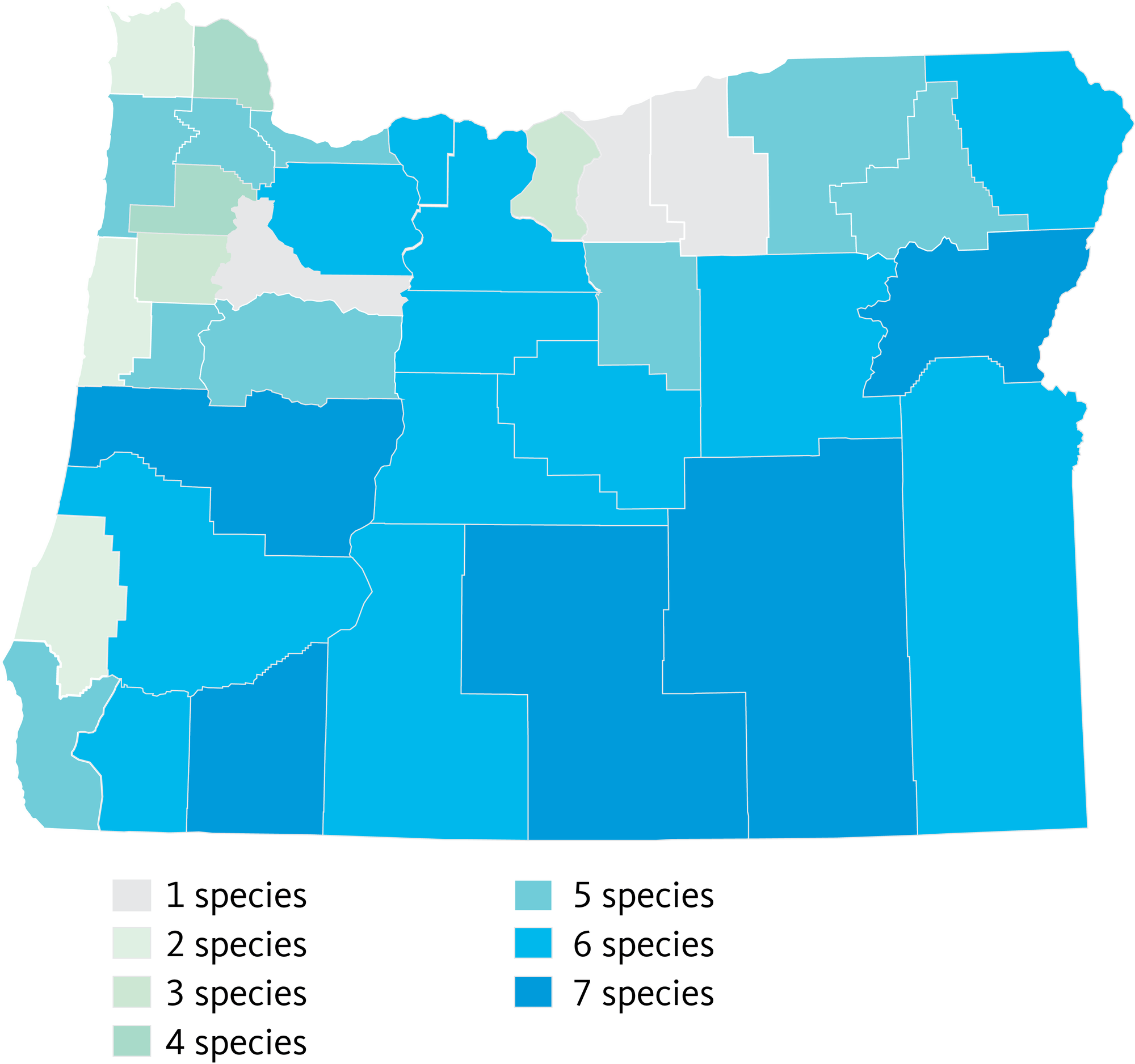 Oregon counties map showing where seven species of willow occur