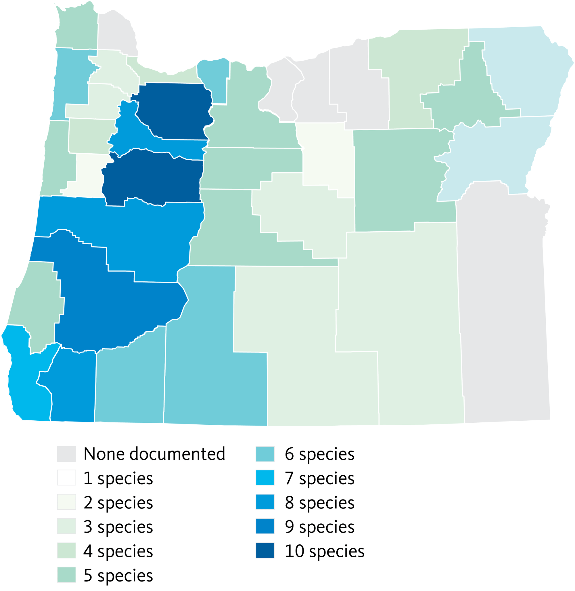 Map showing the number of different species in the counties of Oregon