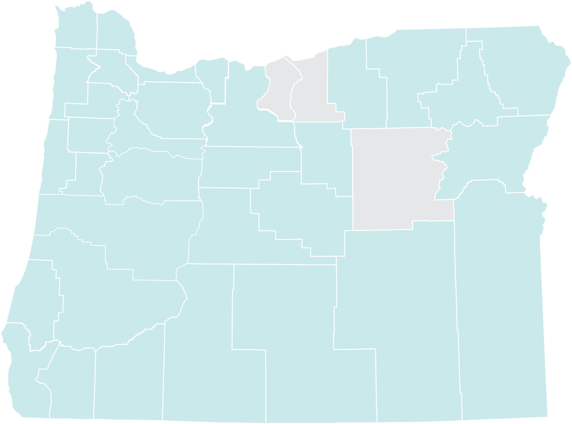 map shows all but two counties in Oregon