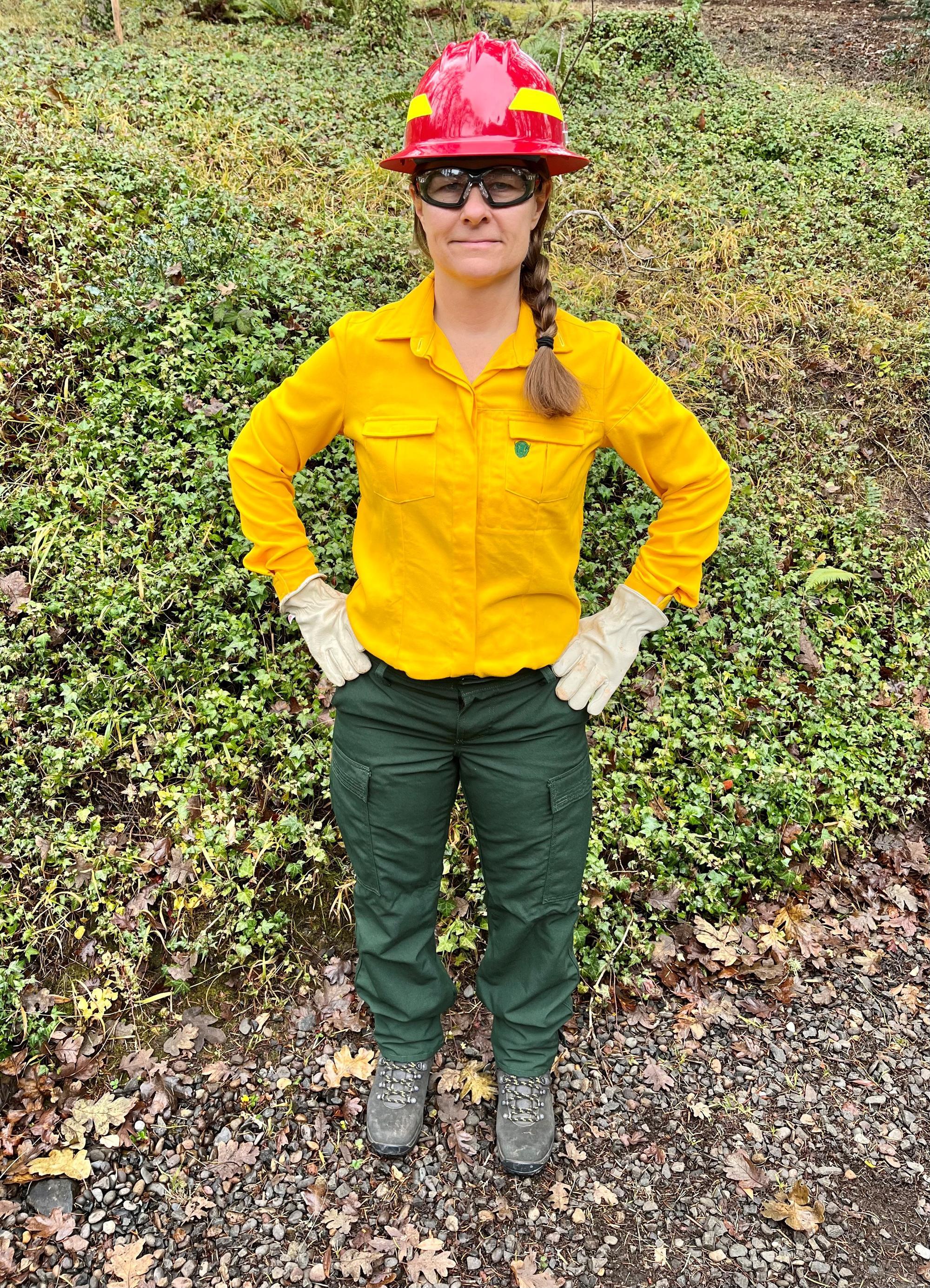woman wearing helmet, glovers, full-length pants and yellow shirt