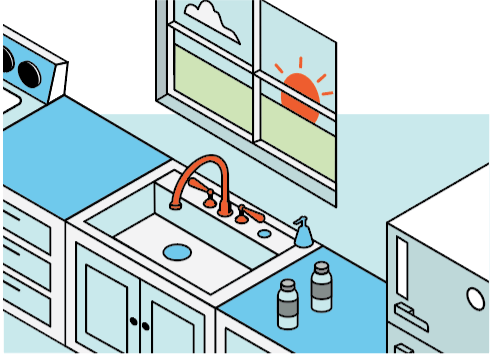 illustration of kitchen with sink, window, water bottles on counter