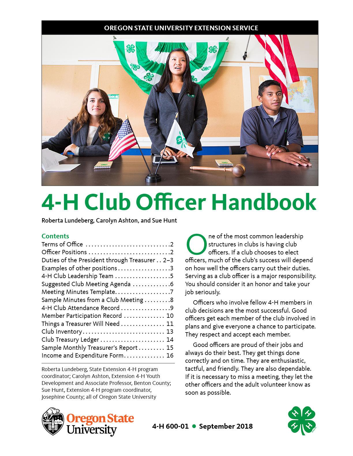 Cover image of "4-H Club Officer Handbook" publication