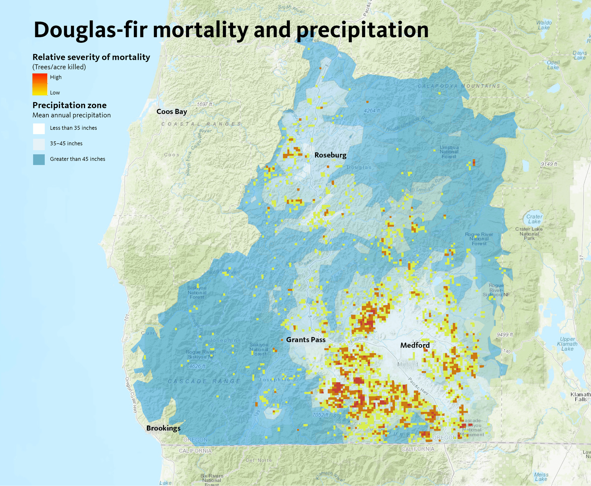 Map shows high degrees of mortality around Medford and Grants Pass