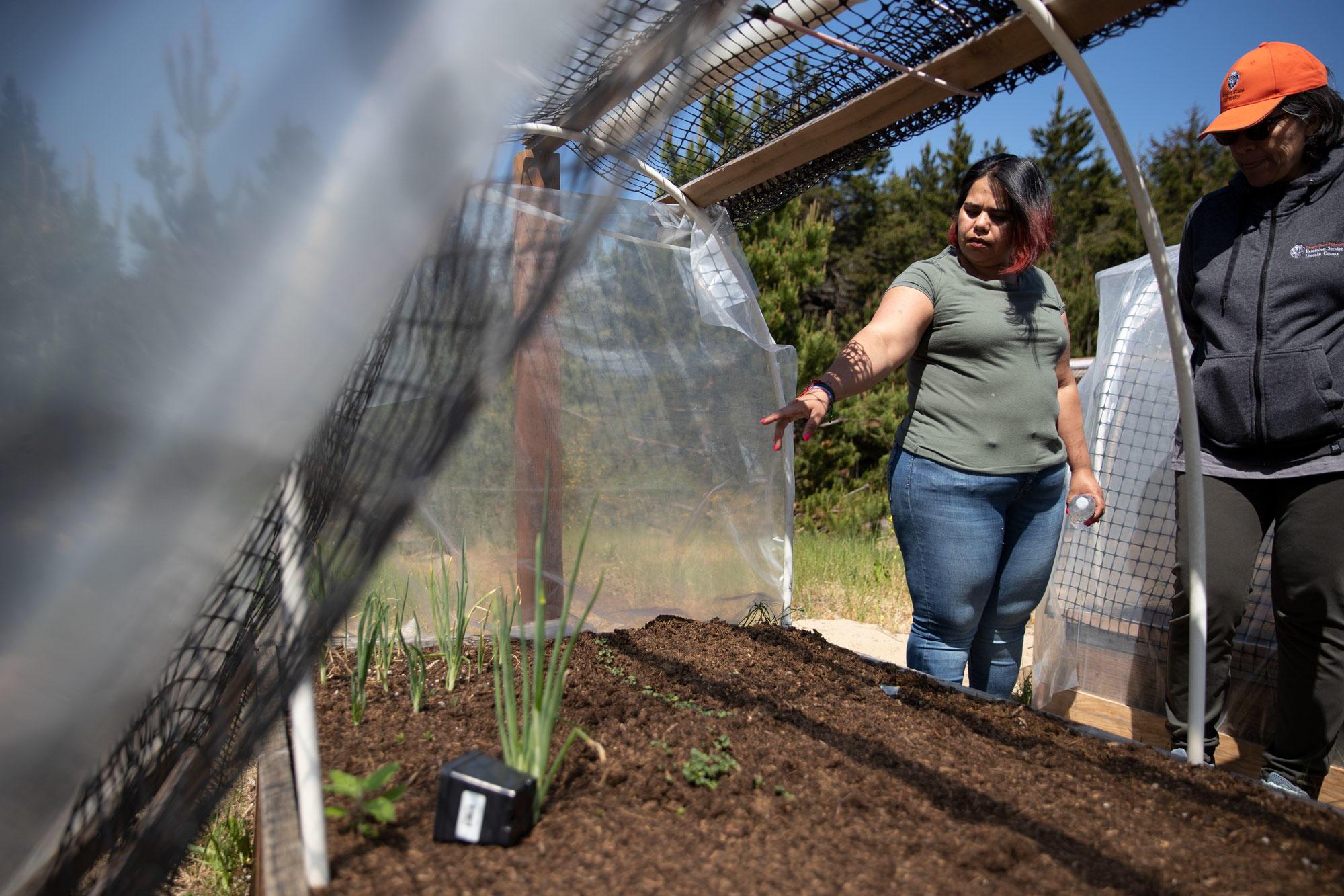 Two Latina women stand next to a vegetable garden in a cloche.