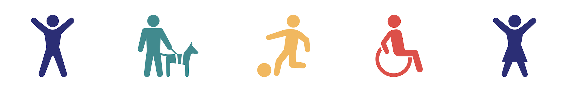 Icons of person jumping, person with seeing-eye dog, person kicking soccer ball, person in wheelchair, person jumping