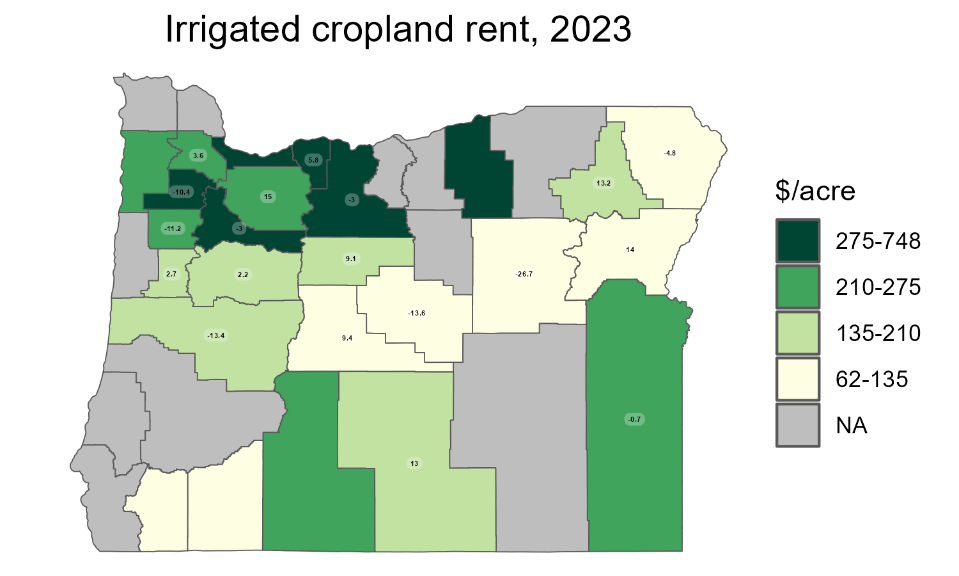 Image of cash rental rates per county for 2023 for irrigated cropland
