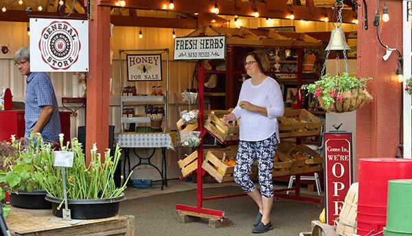 A woman shops at a farm stand offering produce and plants