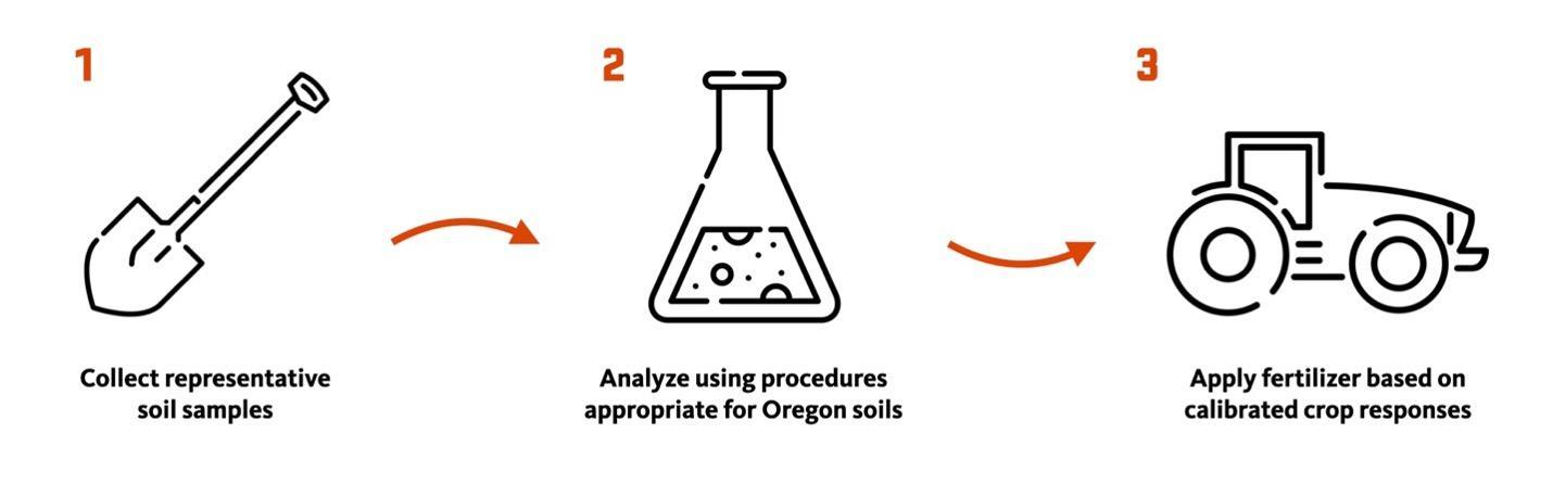 1 - (shovel image) collect representative soil samples (arrow) 2 - (beaker) Analyze using procedures appropriate for Oregon soils (arrow) 3 - (tractor) Apply fertilizer based on calibrated crop responses