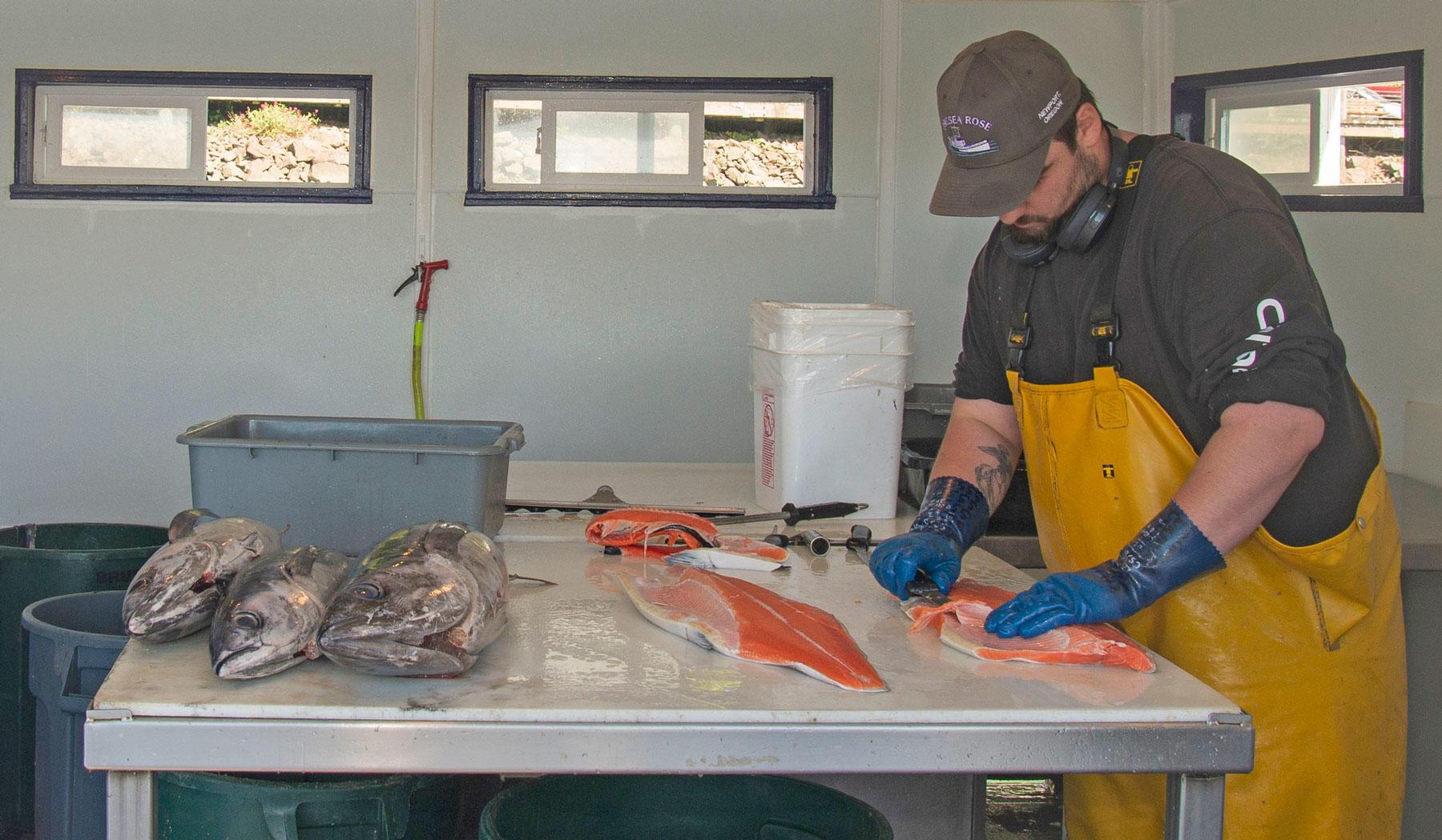 An employee with the Chelsea Rose floating seafood market in Newport fillets a salmon as three albacore tunas are lined up on the table.