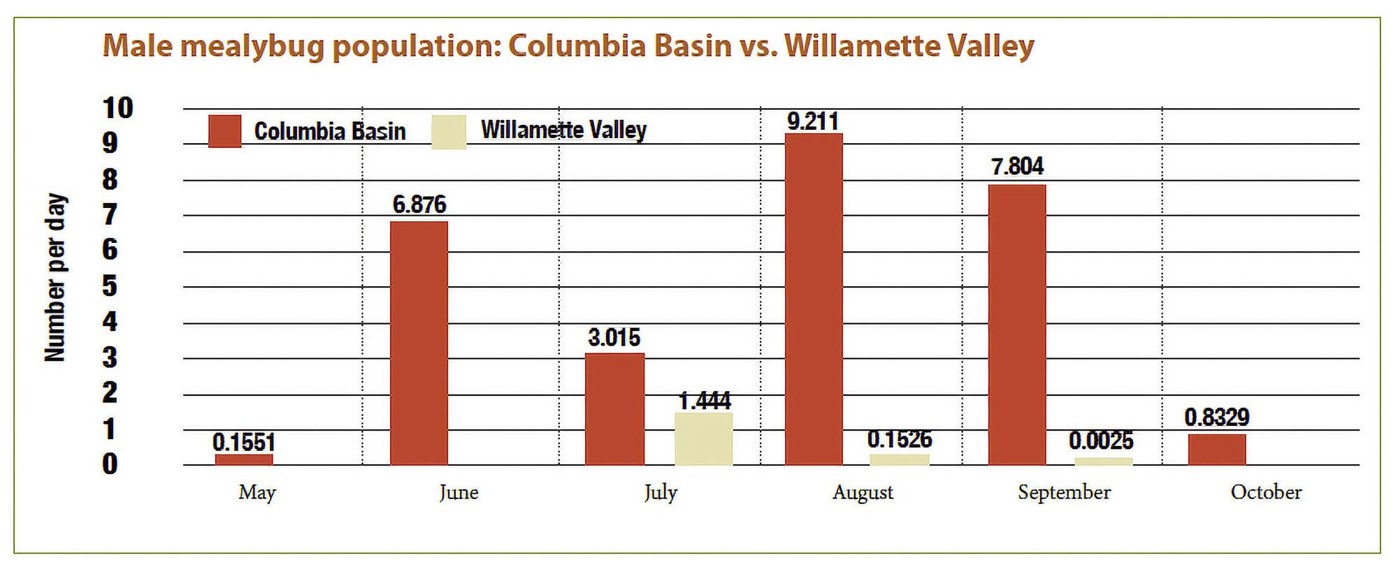 Chart comparing mealybug populations in Columbia Basin and the Willamette Valley.