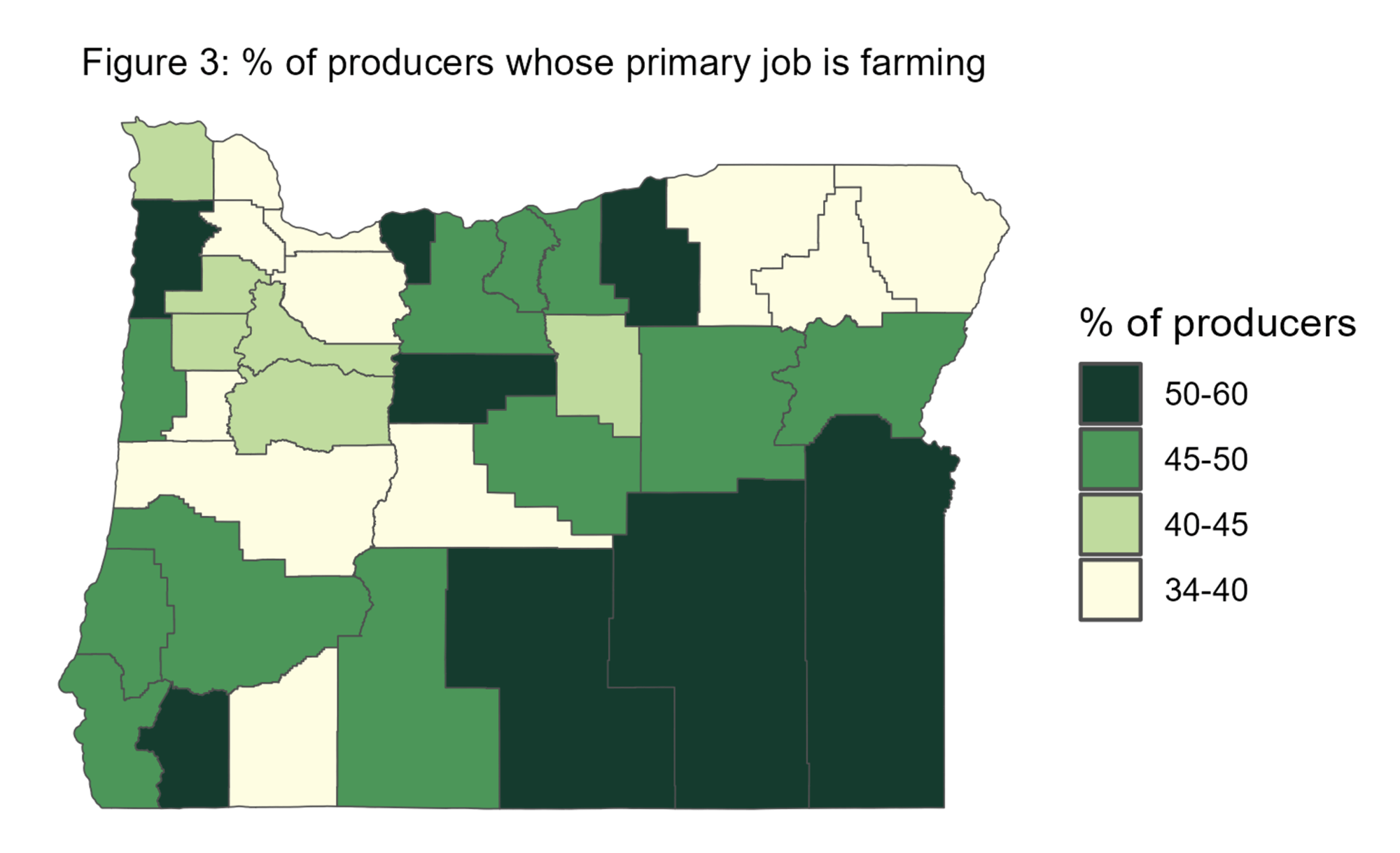 Map showing % of producers whose primary job is farming by Oregon county