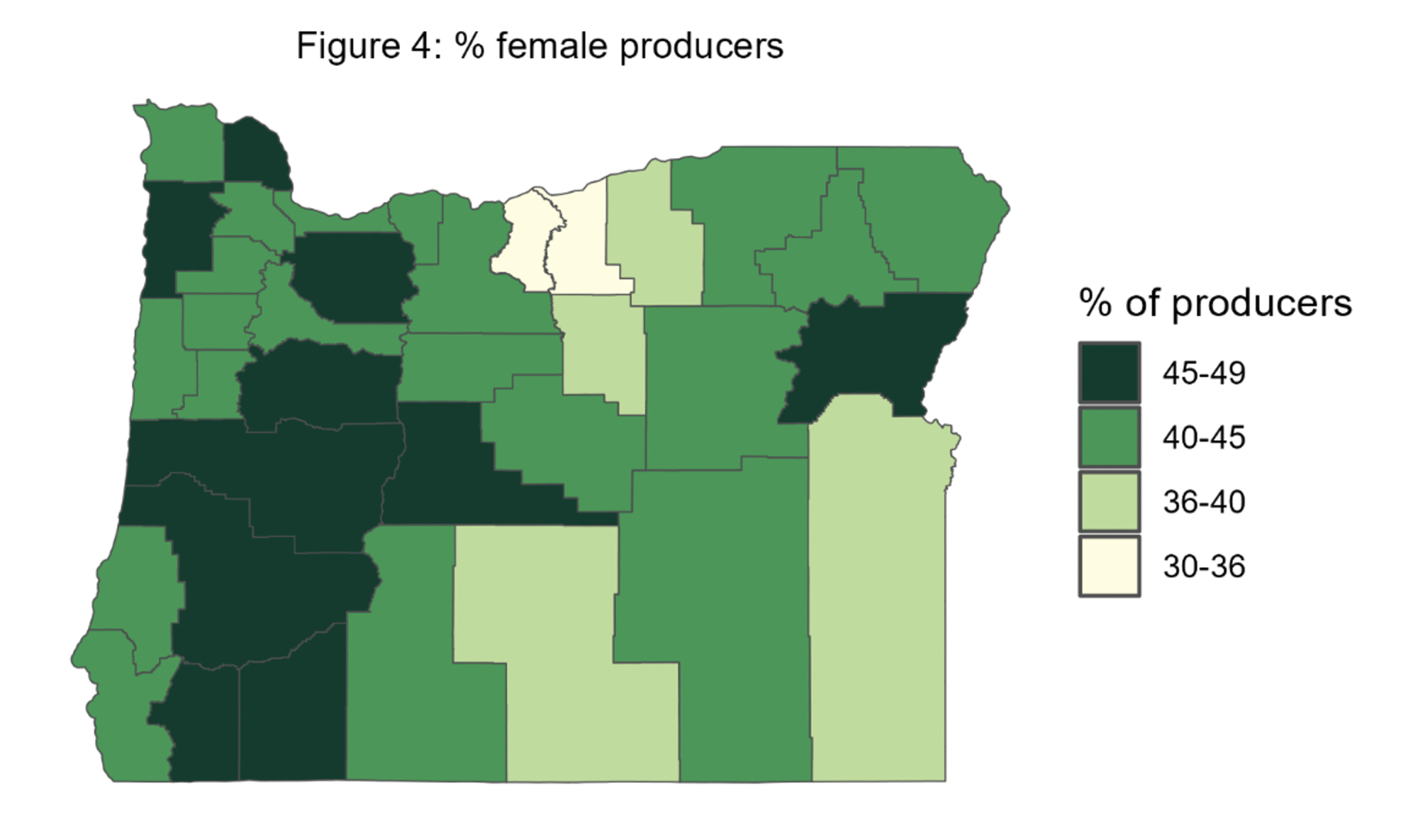 Oregon map showing by county the % of female agricultural producers