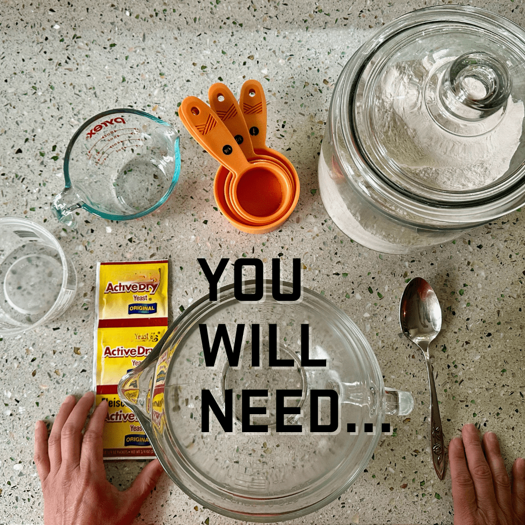 You will need...hands at bowl, spoon, yeast packet, flour container, measuring cups