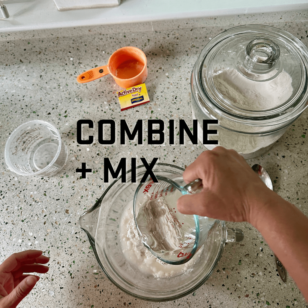 Combine + mix, hands pouring flour and yeast with water into container