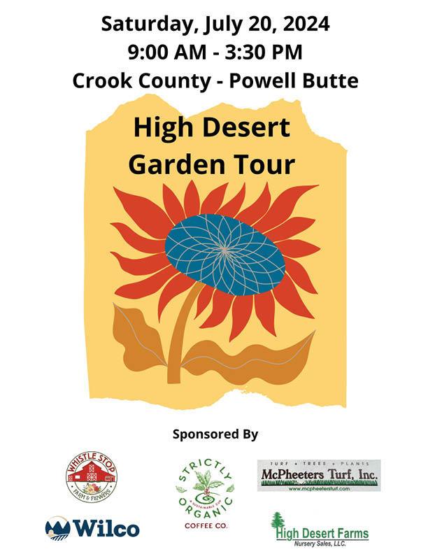 High Desert Garden Tour Flyer with sponsor logos. Featuring a red and blue flower on a yellow background