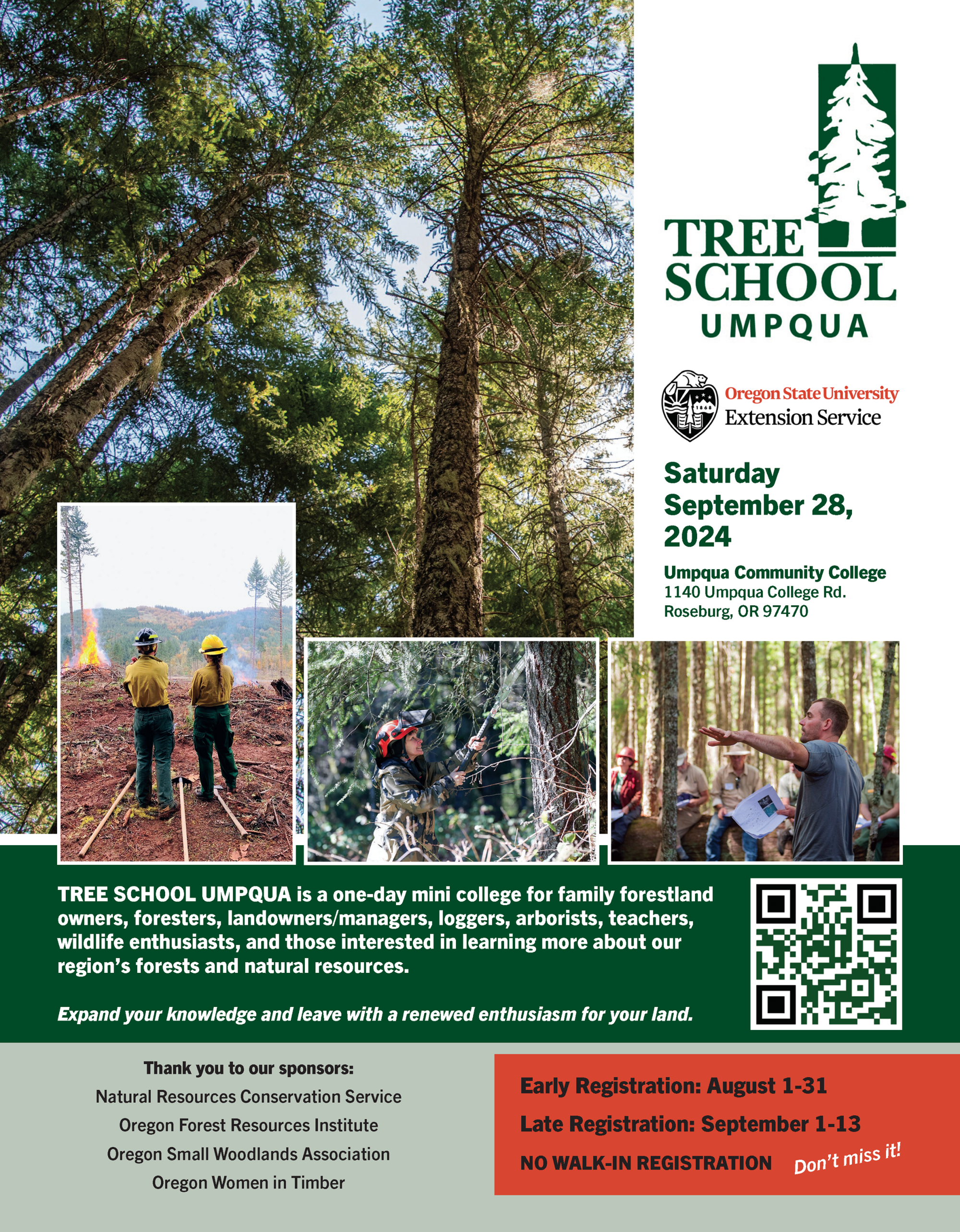 2024 Tree School Umpqua Flyer, September 28, 2024 at Umpqua Community College, 1140 Umpqua College Rd., Roseburg. Images of forest trees and workers and educators in a forest setting. Early registration is August 1-31 and late registration is Sept. 1-13.