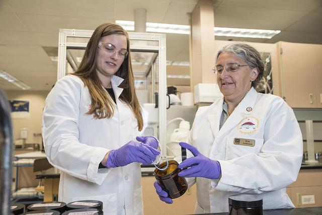 Oregon State University researchers Holly Dixon and Kim Anderson prepare one of the chemical-sampling silicone wristbands for analysis.