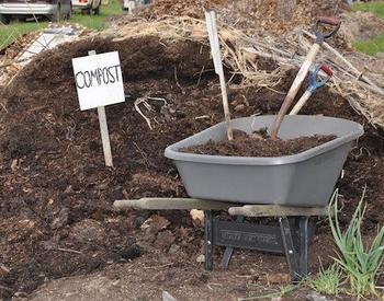 A wheelbarrow sits next to a pile of compost.