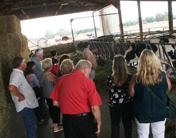 A group of people stand in a barn on a dairy farm as a tour guide talks about the facilities.
