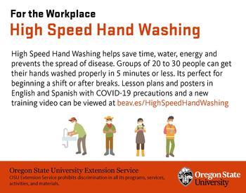 Promotional flyers for High Speed Hand Washing web page in English and Spanish